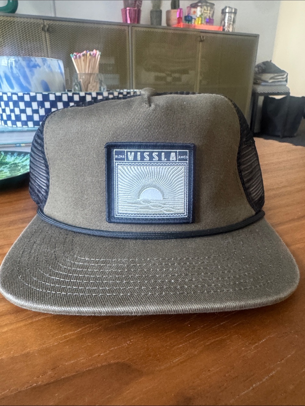 VISSLA Olive Green Trucker Hat with Sun Patch and Black Mesh